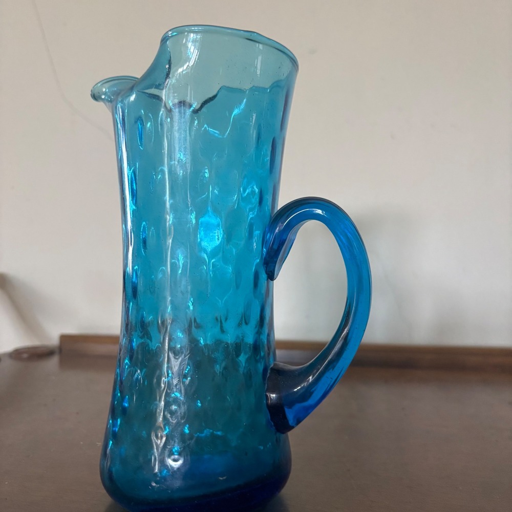 Vintage Hand Blown Turquoise Blue Glass Pitcher Thumbprint Optic MCM 8.5"
